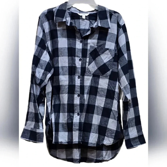 Time and Tru Tops - Time & Tru, Size L, Dark Blue and White Button-Down Longsleeve Shirt